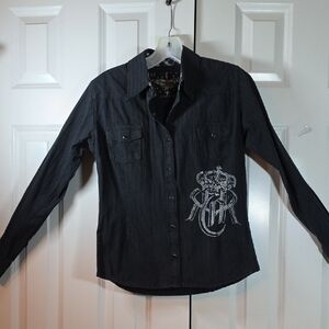 Rock & Roll Cowgirl  Black Embroidered Button Down Shirt Size S